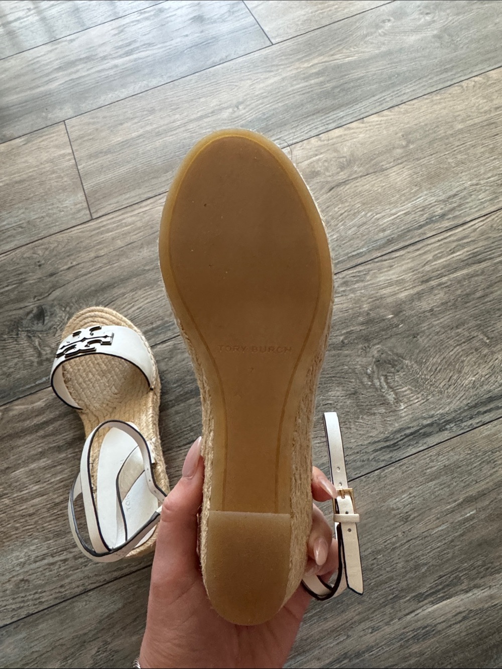 Tory Burch Cream Leather Espadrille Wedges with Logo Strap - Picture 6 of 8